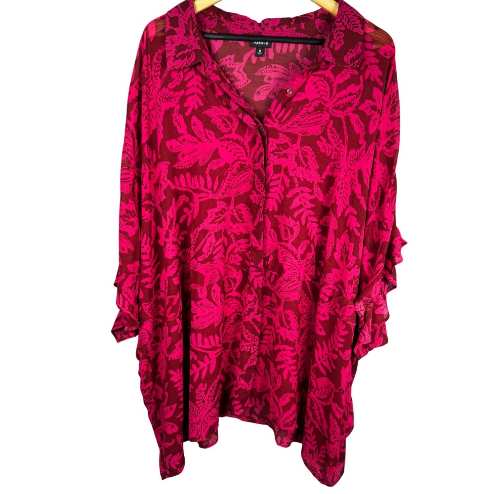 Torrid Floral Print Pink Top Womens 5X Oversized Button Down Tunic‎ Office